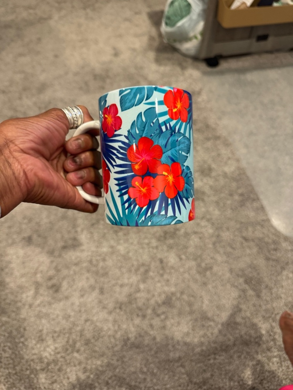 Tropical Floral Ceramic Mug - Blue, Teal & Red Hibiscus
